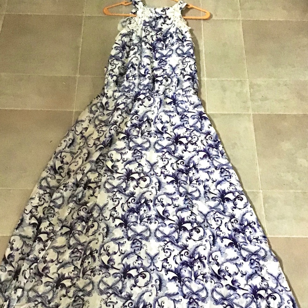 Aquamar white and blue paisley fit and flare halter maxi dress with lace detail